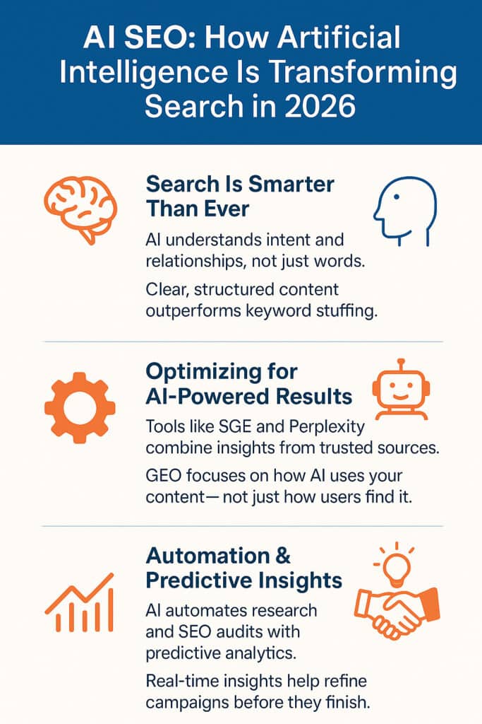 Ai seo infographic | webtronix designs web agency infographic showing three key trends in ai seo for 2026: smarter search context, generative optimization, and predictive automation.