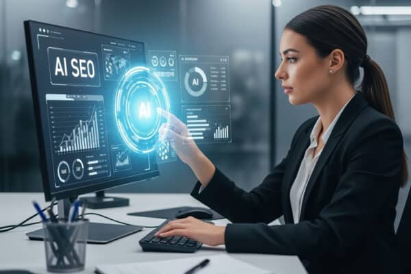 Professional marketer using AI-powered SEO analytics dashboard on a computer screen, representing how AI in SEO is transforming search in 2026