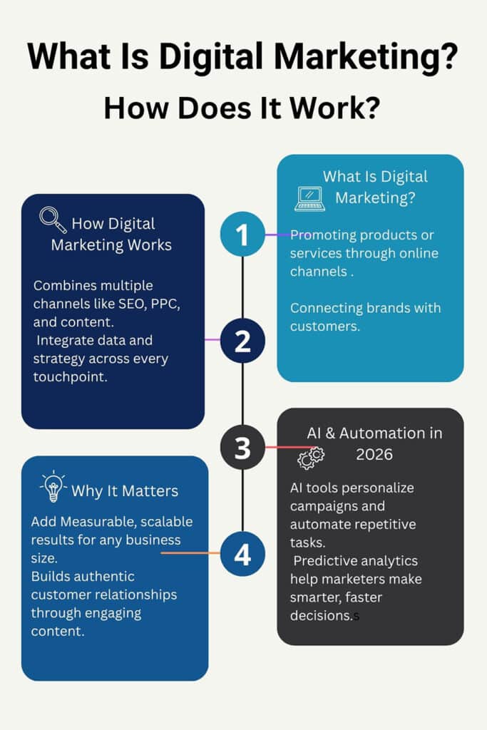 Infographic explaining what digital marketing is and how it works, | webtronix designs web agency infographic explaining what is digital marketing and how it works, with four sections: definition, process, ai automation, and benefits — webtronix designs.